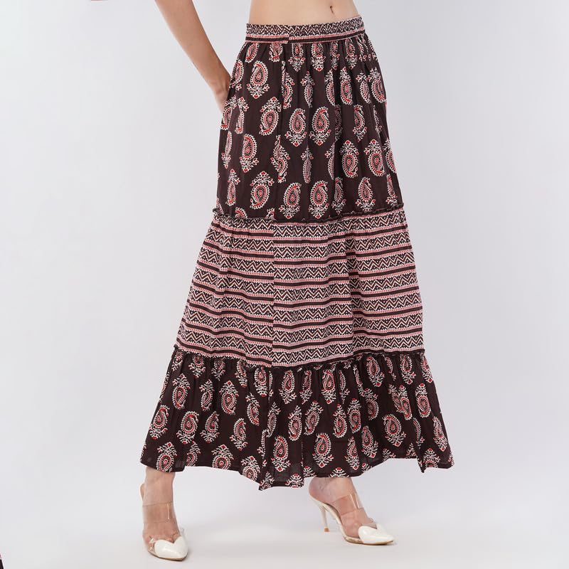 Rabhika Women’s Maroon Patterned Pure Cotton Tiered Maxi Skirt, Flowy Ethnic Long Skirt, Comfortable S 2
