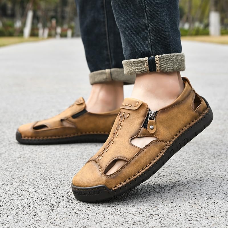 Men's Leather Hollow Athletic Sandals Casual Closed Toe Slip-on Roman Shoes Outdoor Beach Zipper Fisherman Shoes2