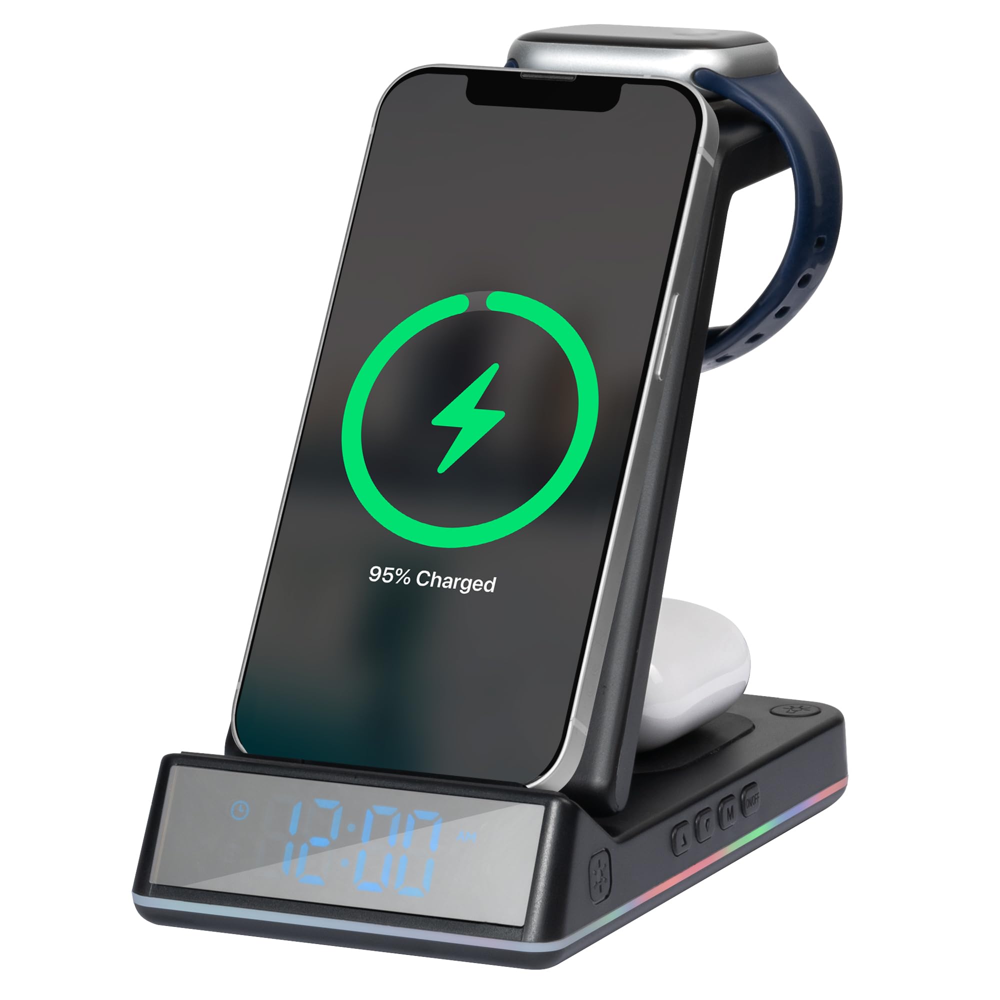 Daewoo Unisex Black 5-In-1 Wireless Folding Charging Station Clock Dock For Phone Smart Watch In