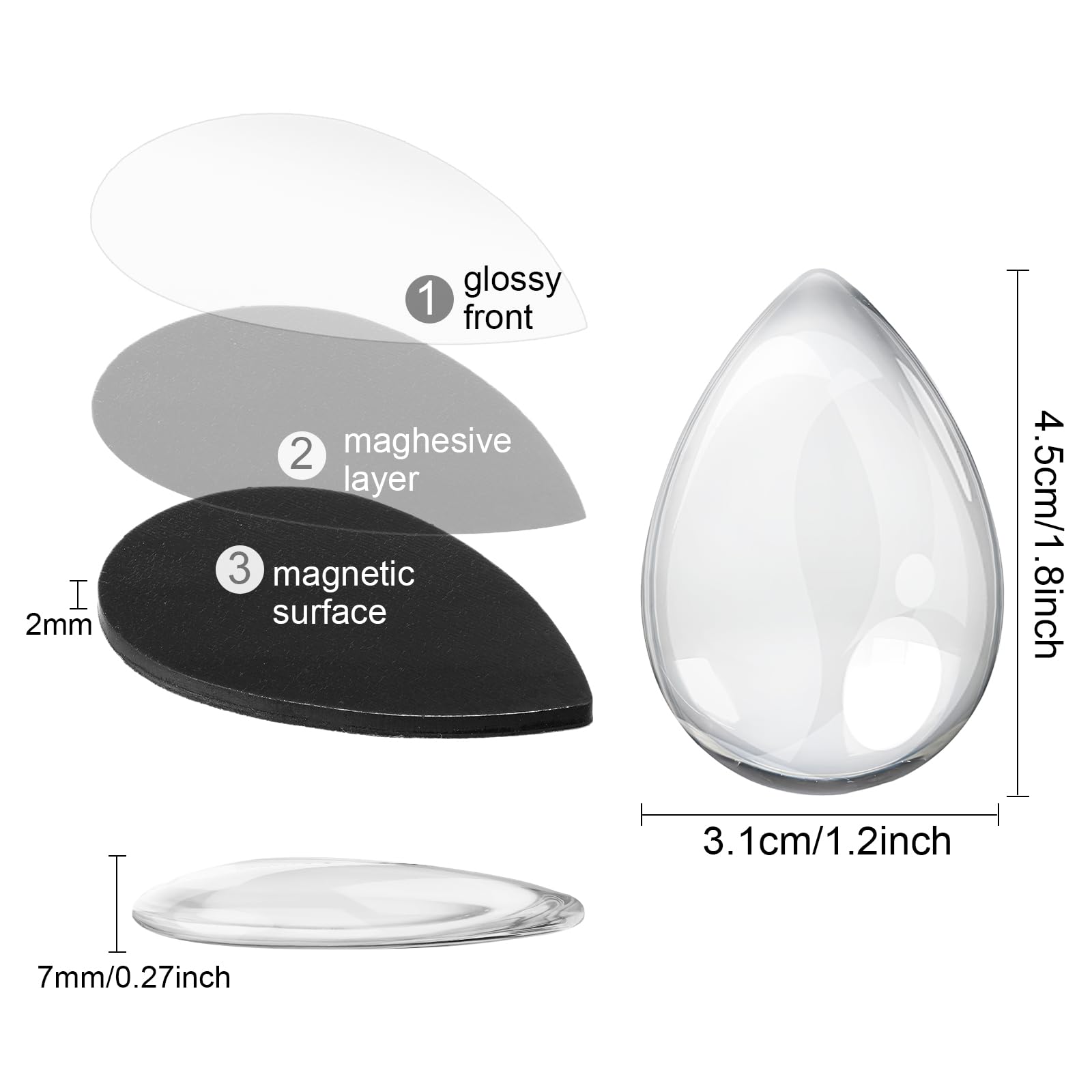 72 Pieces Craft Magnets Glass Ceramic Ferrite Magnet with Adhesive Backing and Transparent Clear Glass Cabochons for DIY Craft Fridge Refrigerator Pendants(1.77 x 1.22 Inch,Water Drop)