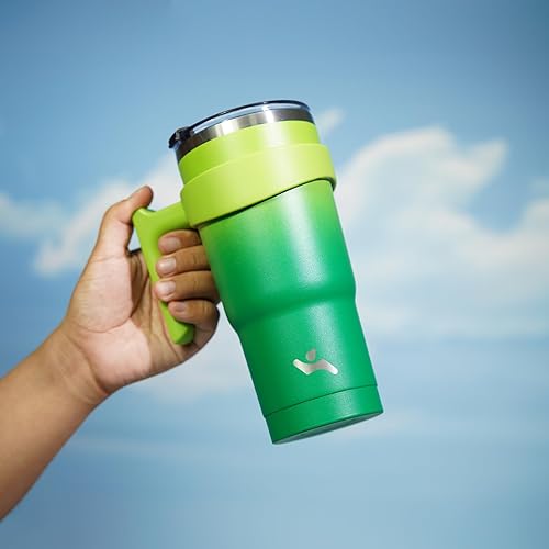 Miniatura 5 de Vaso de 20 onzas con asa y 2 pajillas, 2 tapas, botella de agua aislada de acero inoxidable al vacío, taza de viaje reutilizable, color verde matcha