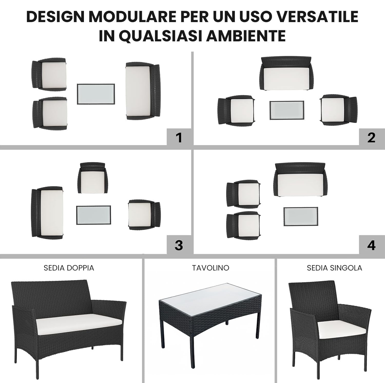 Mediawave Store - Set Divano da Esterno WATAMU 4 Posti in Polyrattan Nero, Salotto da Giardino con Tavolino e Cuscini Sfoderabili, per Terrazzo e Patio Resistente ai Raggi UV