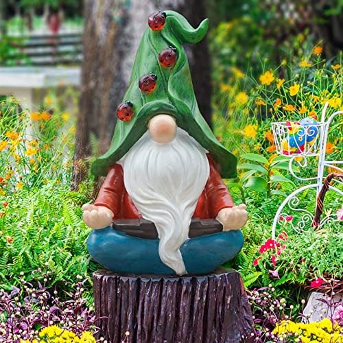 LUOWAN Garden Gnome Statue,Large Resin Gnome Figurine Carrying 4 Ladybugs with Solar LED Lights, Waterproof Resin Garden Statue for Patio Yard Lawn Porch Outdoor Decorations,11.4IN/29cm