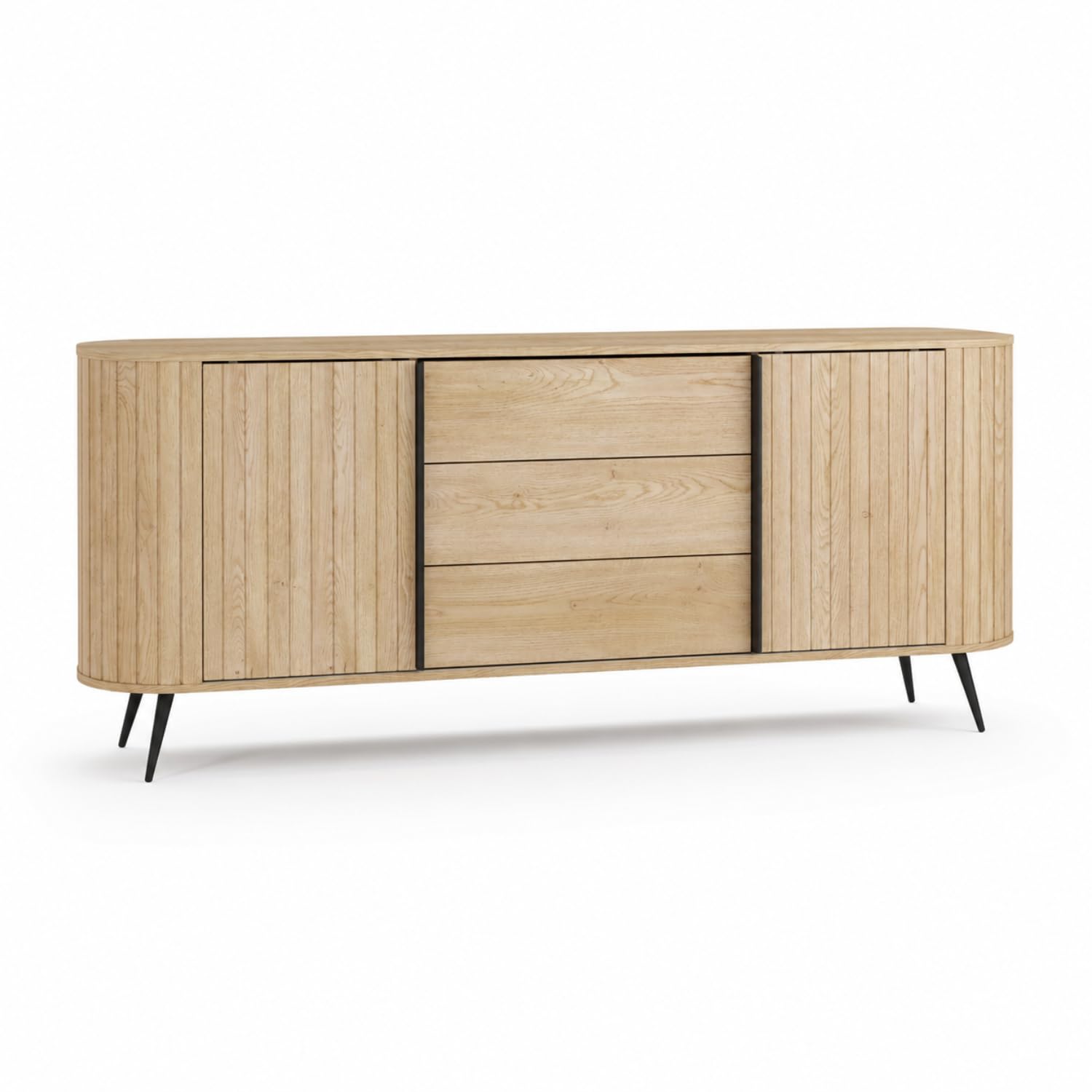 Arreditaly Credenza Moderna Scandinava Con 2 Ante 3 Cassetti E Ripiani Interni Piedi In Metallo Nero Mobile Contenitore Per Soggiorno Sala Da Pranzo 196 X 40.2 X 81.8 Cm Rovere