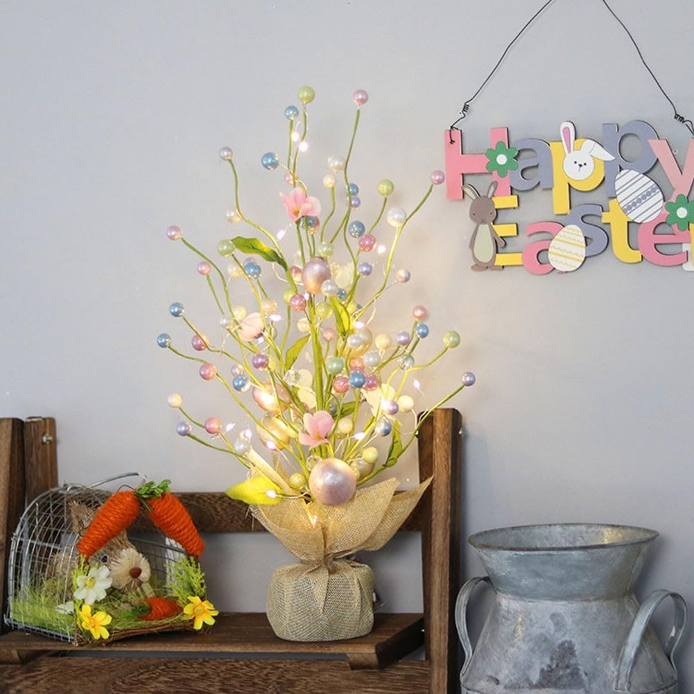 Albero di uova di Pasqua, albero decorativo a LED luminoso, uovo di Pasqua per interni, decorazione da tavolo per soggiorno, camera da letto (C)