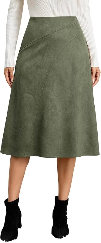 Womens Faux Suede Midi Skirt High Waisted A Line Skirt
