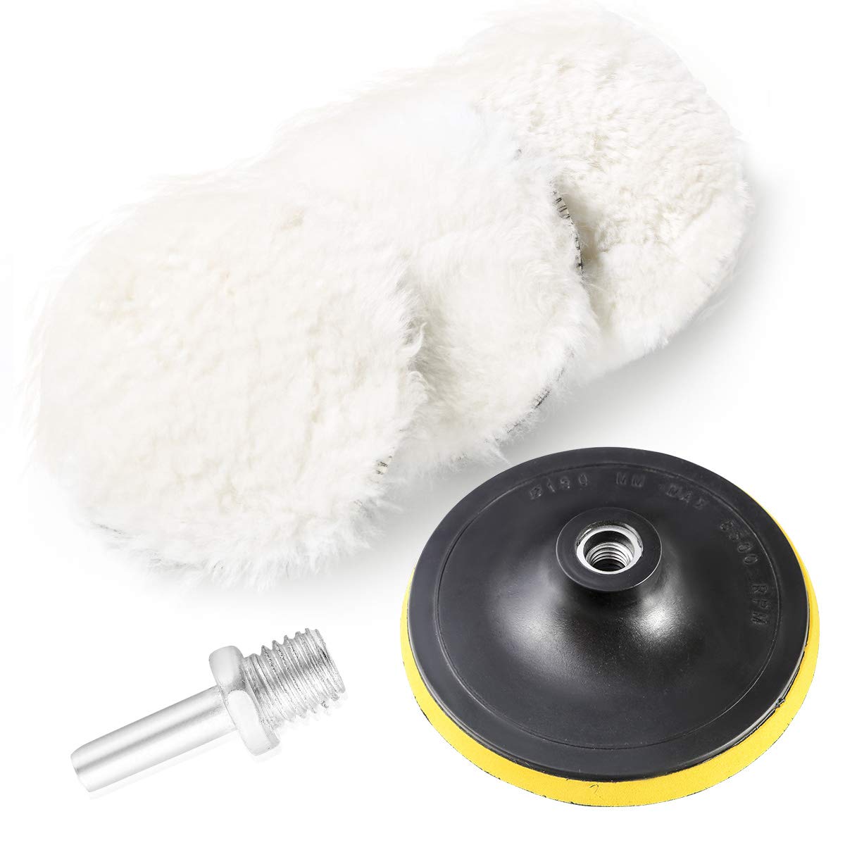 WTSCLS Wool Polishing Pads 5Pcs, Auto Buf fing Pads 6 inch Kit Back Plate with M14 Drill for Car Waxing Polishing