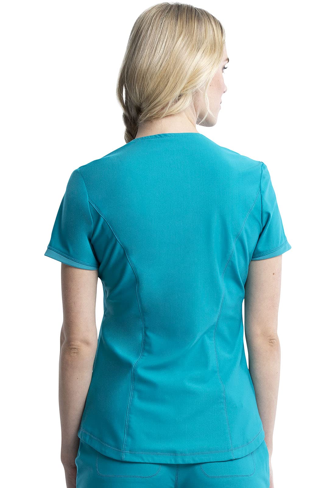 Cherokee Conjunto de uniforme médico para mujer, 7 bolsillos, cuello en V, dobladillo curvado CK840 y pantalón de pierna cónica de tiro medio CK095, azul caribeño, parte superior XXS y pantalón XS