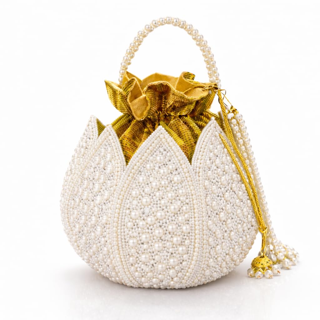 Pearl Potlis Bag for Women, White Potlis Bags with Gold Drawstring Closure & Pearl Beaded Handle, Designer Potli Bags for Wedding, Bridal Potli Bags, Luxury Potli Purse, Potli Clutch-image-28