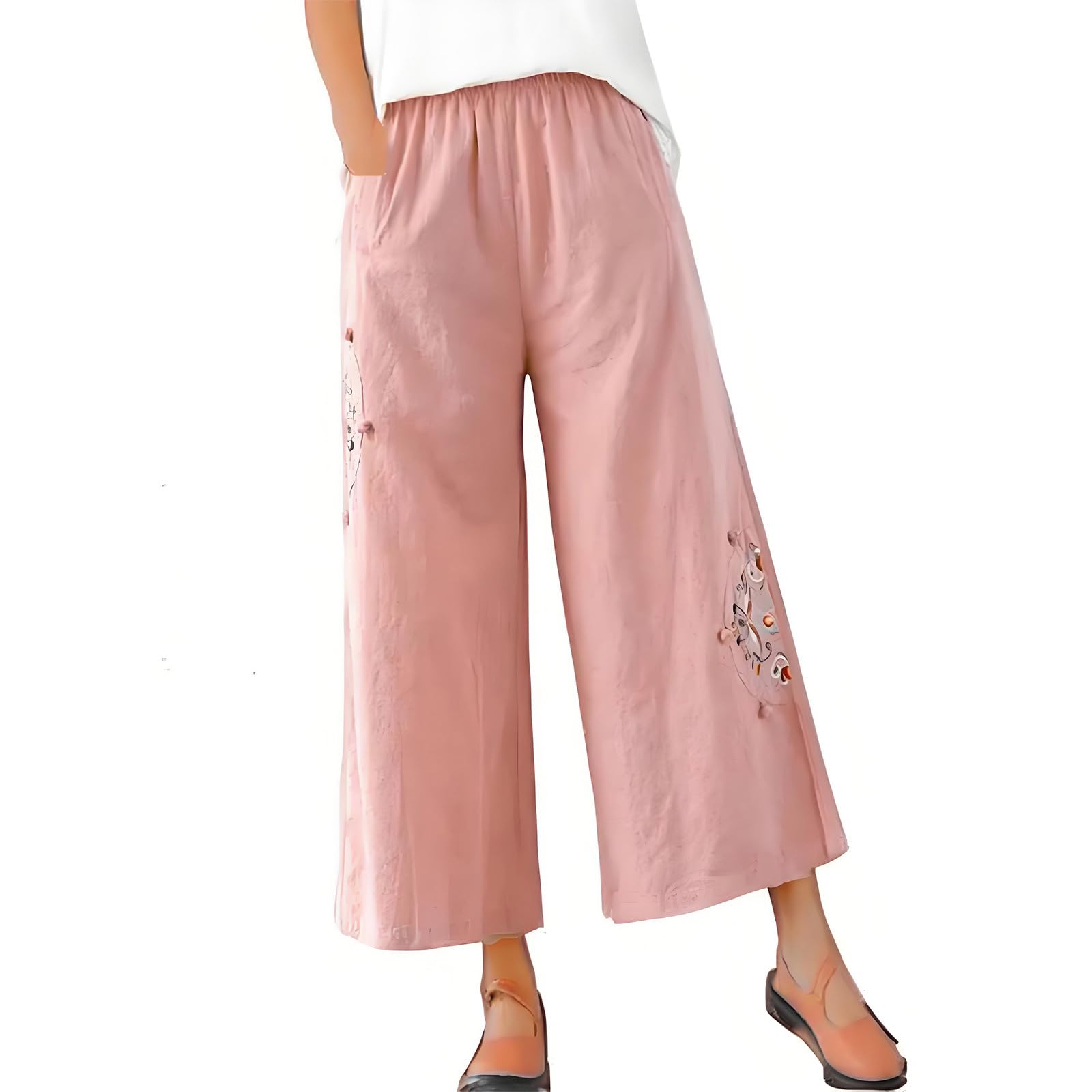 Cotton Linen Pants for Women Elastic Waist Solid Color Loose Wide Leg Pants Summer Vintage Embroidery Stylish Trousers