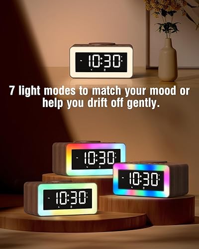 Miniatura 7 de Reloj despertador con carga inalámbrica, máquina de sonido de ruido blancomarrón, luz nocturna con altavoz Bluetooth, relojes despertadores