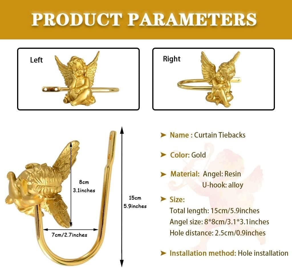 Angel Shape French Curtain Tiebacks, Golden Resin + Alloy Curtain Holdbacks, Modern Living Room Window Buckle, Hole Installation(Right)