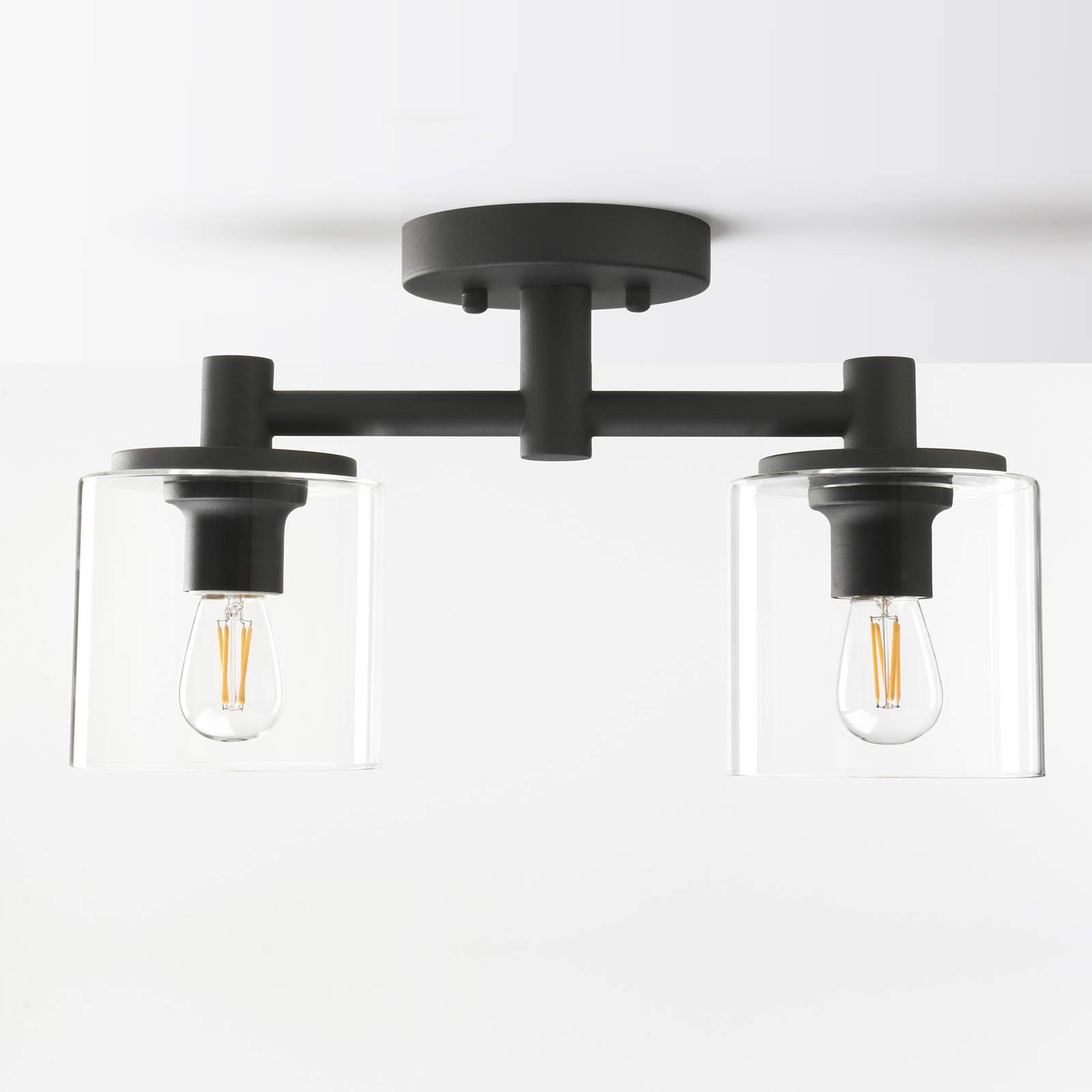 Yosoan Black Industrial Edison Glass Ceiling Lights, 2 Glass Pendant Light Fitting, Loft Bar Flush Mount Hanging Lights (Black)