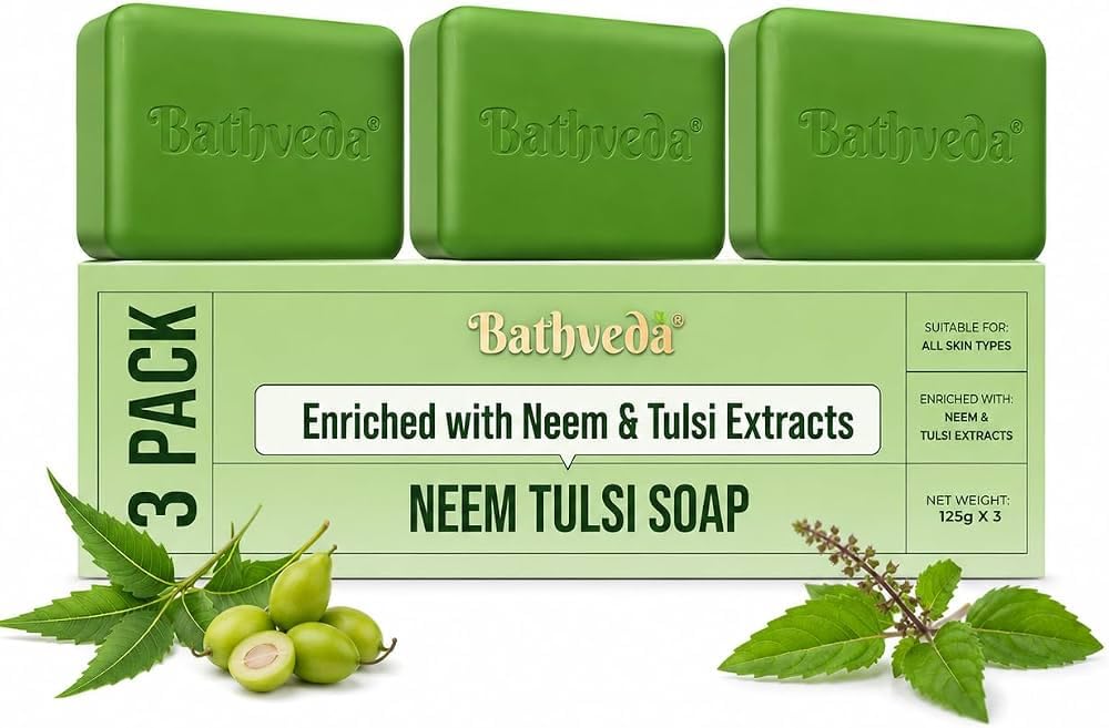 Bathveda Neem & Tulsi Soap (3 Pack, 125g each) – Natural Herbal Bathing Bar Enriched with Neem & Tulsi Extracts for All Skin Types-image-49