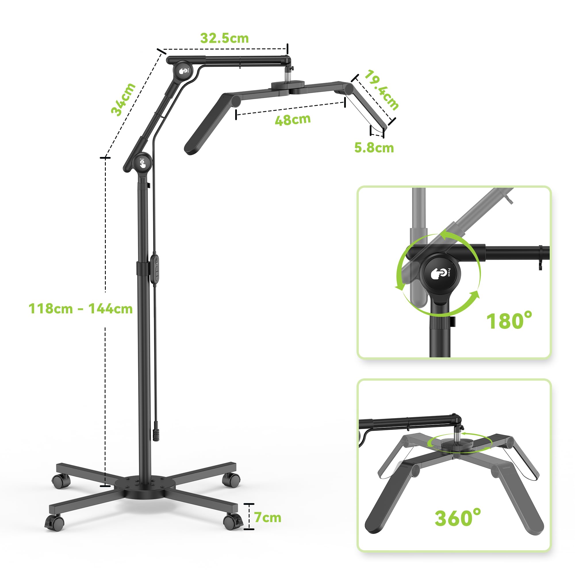 STASUN Halbmond-Stehlampe,28 Zoll Faltbare Wimpern Lampe mit Telefonhalter für Wimpernverlängerungen,45W Dimmbares LED Stehlampe für Nail Tech, Beauty, Kosmetik Lash Light