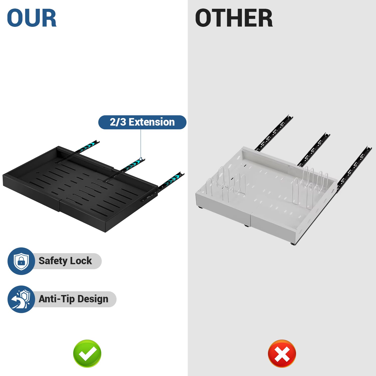 Lot de 4 tiroirs extensibles télescopiques pour armoires de cuisine, largeur réglable de 31,5 à 52 cm, pas de perçage nécessaire, avec système de rails pour armoires de cuisine