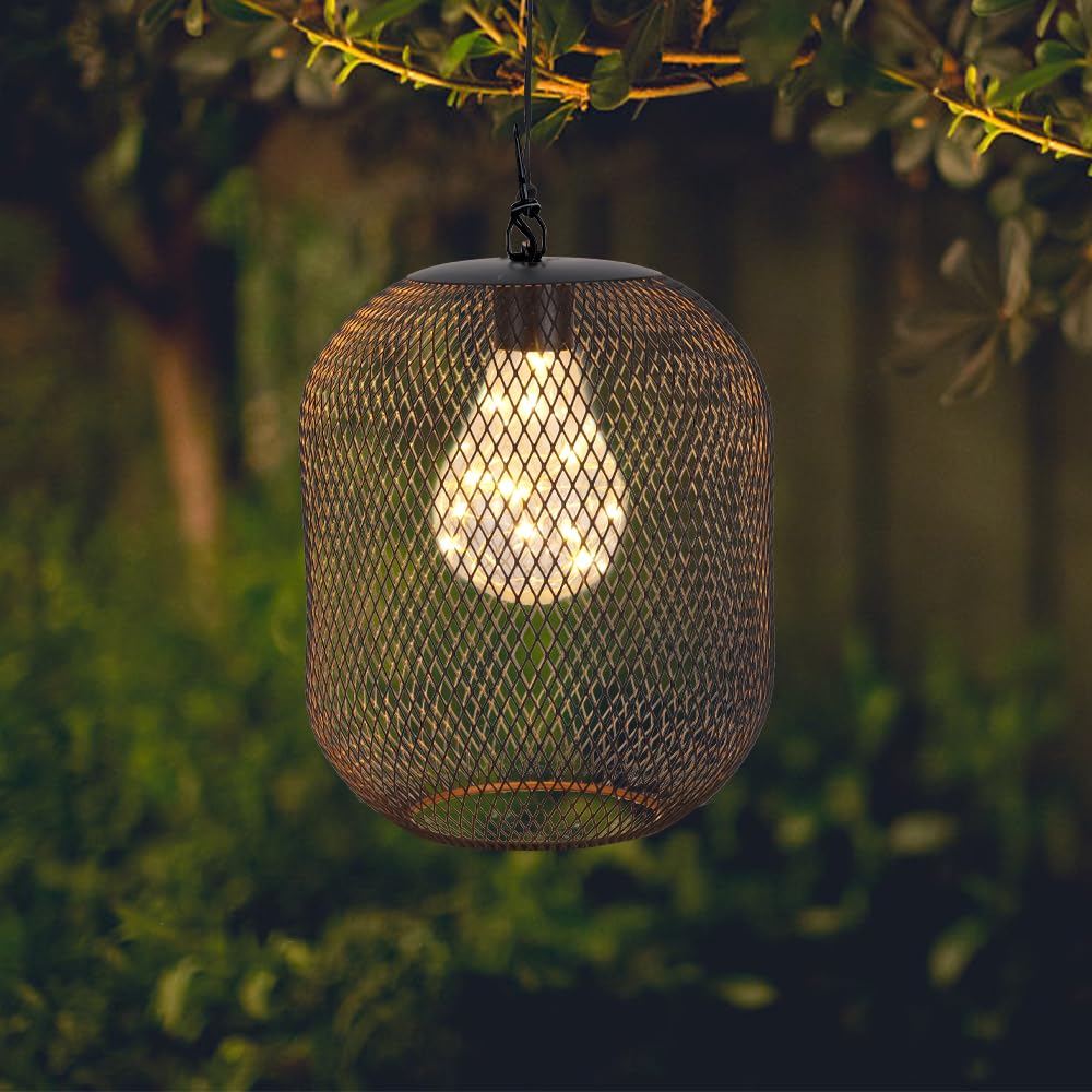 TRIROCKS Metal Battery Operated Hanging Lantern with 6-Hour Timer Mesh Cage Decorative Pendant Lamp with Warm Fairy Lights Bulb for Home Living Room Garden Outdoor (Black)