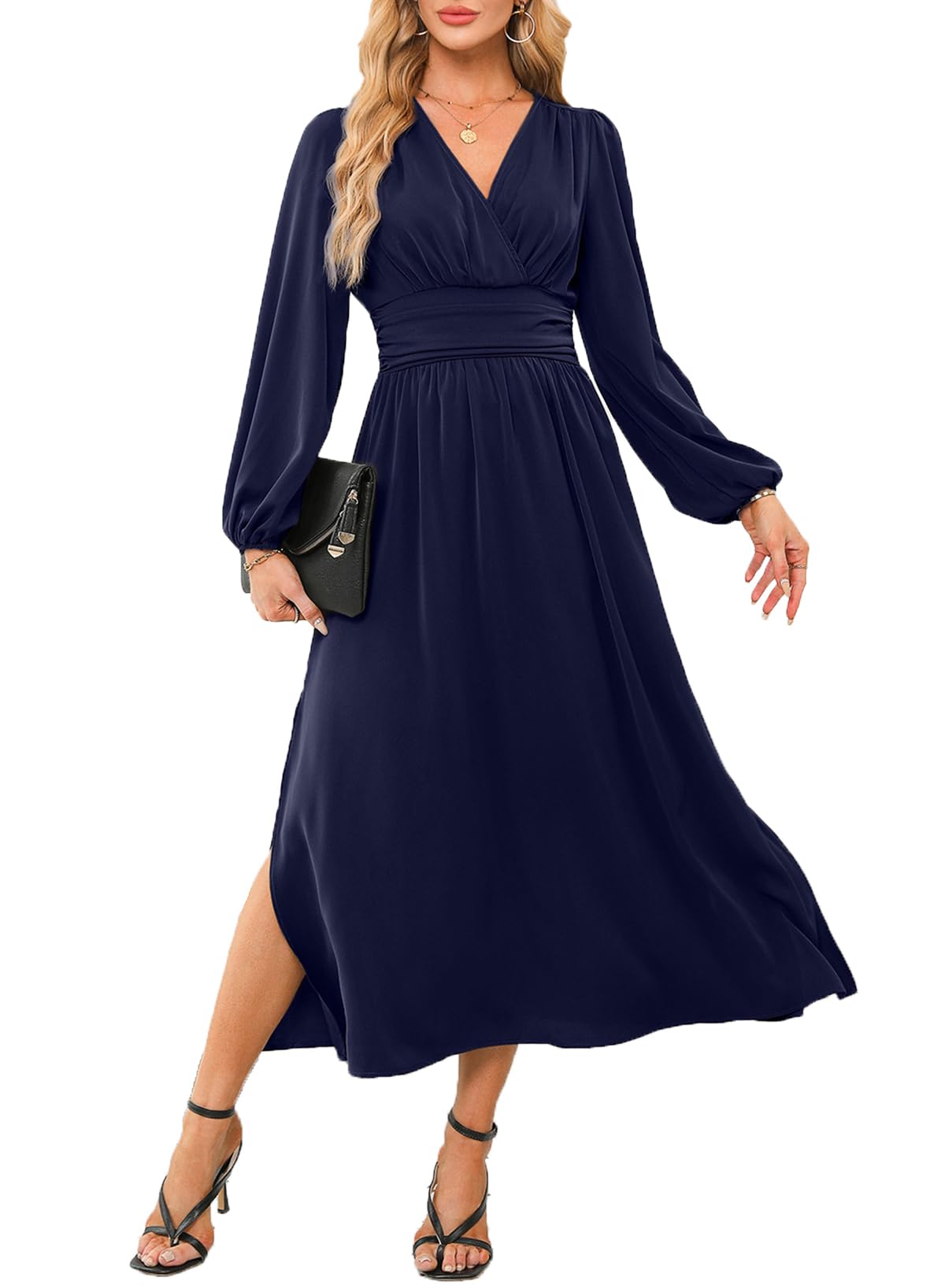 Dokotoo Womens Wrap V-Neck Empire Waist Dress Lantern Sleeve Ruched Side Slit Elegant Maxi Dress