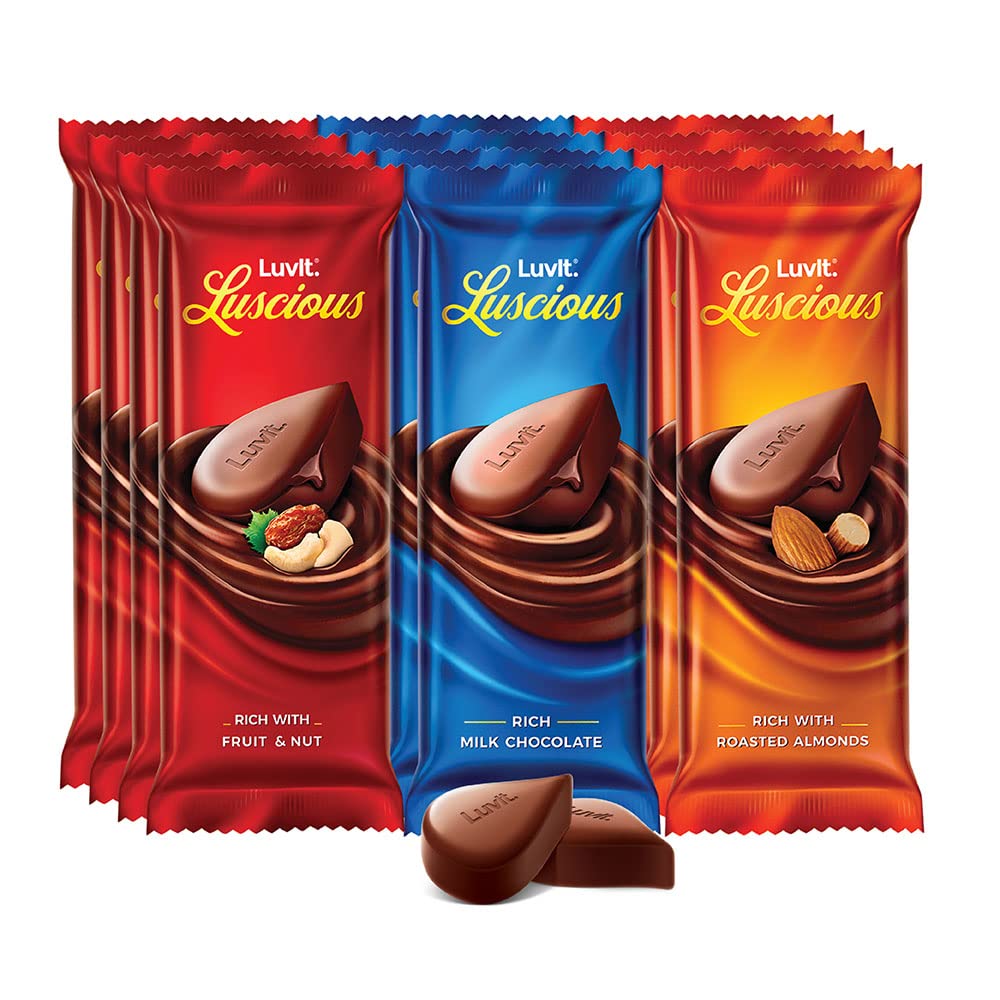 LuvIt. Luscious Milk Chocolates Bar | Combo Pack of Milk, Fruit & Nut, Roasted Almond | Deliciously Smooth | Pack of 12-632g
