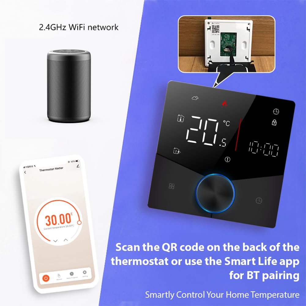Termostato wireless Matter per riscaldamento elettrico a pavimento con controllo APP e assistente vocale Schermo touch digitale a LED colorato Manopola regolabile Controllo preciso della temper
