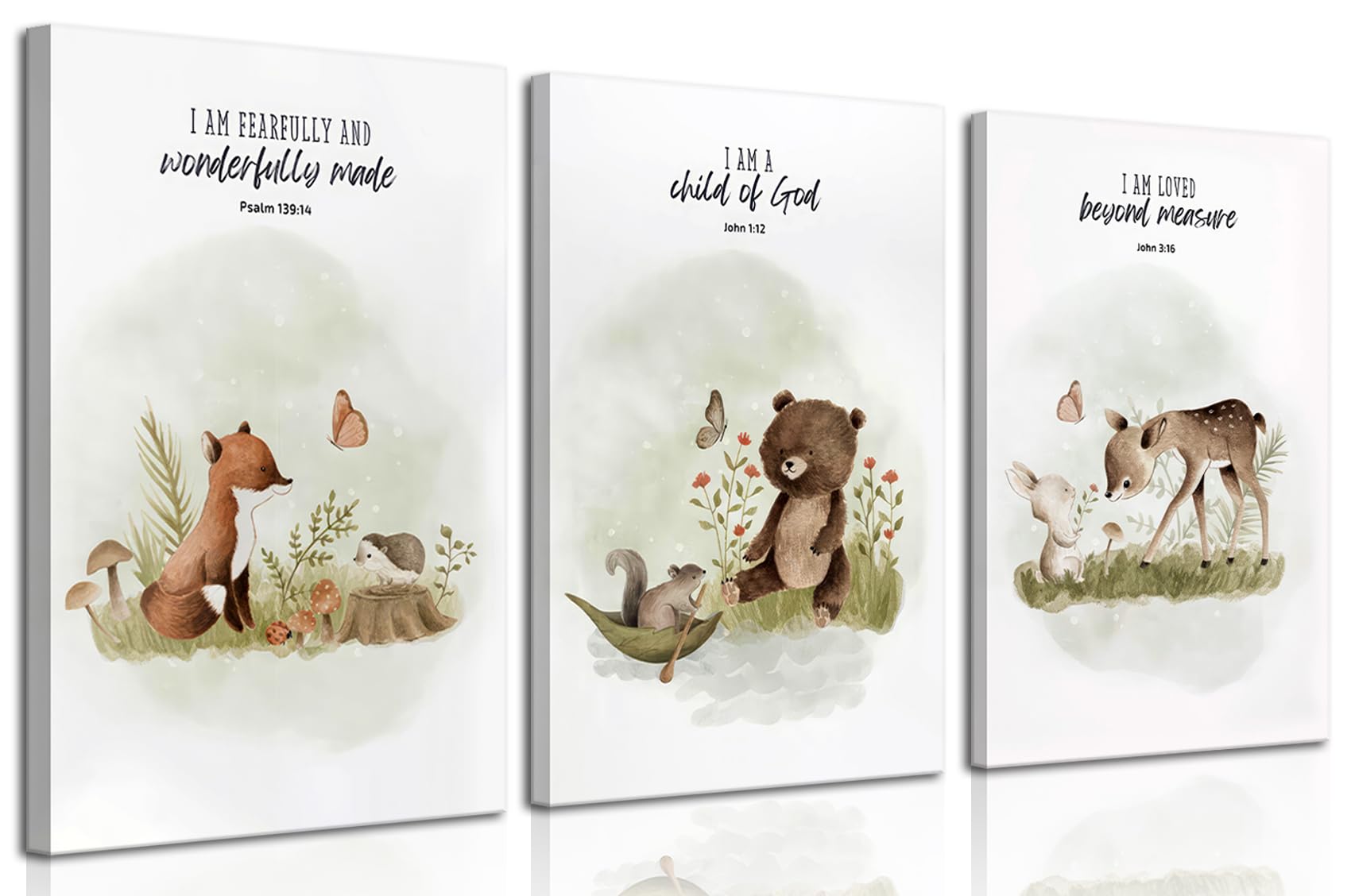 3Pcs Christian Nursery Animal Canvas Wall Art Bible Verse Wall Decor Pictures Religious Watercolor Cute Baby Animals Posters Prints for Kids Boys