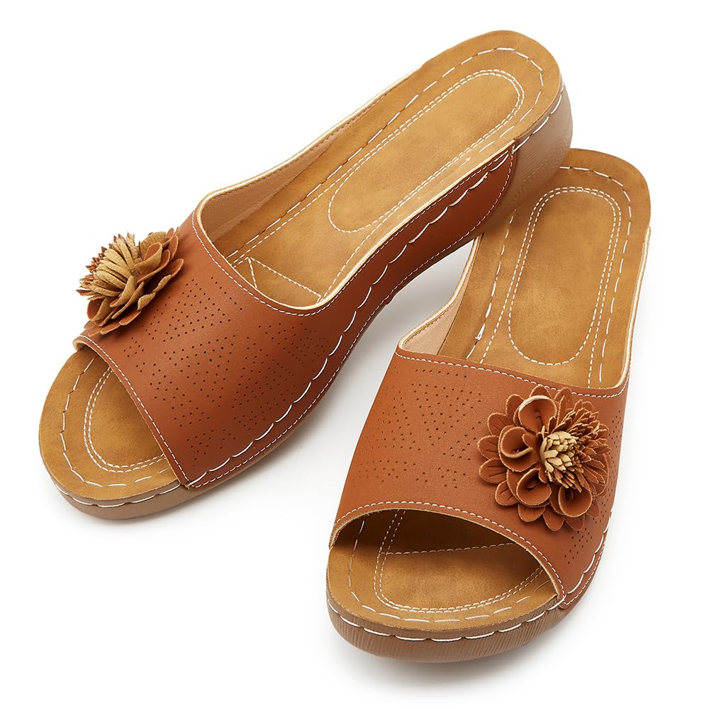Rungion Womens Summer Beach Sandals Wedge Low Open Toe Slides Ladies Dressy Sandals Slipper Platform Comfortable Flower Sandals
