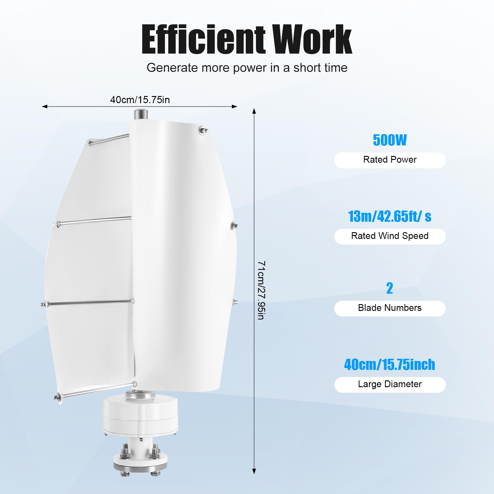 Windturbine 500W Windgenerator, 12V Windkraftanlage Vertikale, Windrad Stromerzeugung, Geräuscharmer Windkraftwerk für Heimgebrauch, Stromergänzung, Weiß, 40x71cm