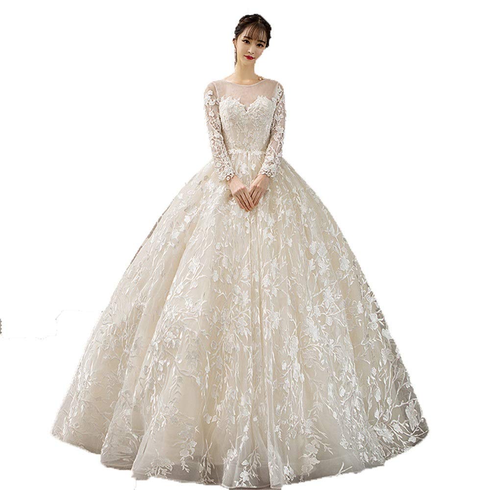 L-FBride Wedding Dress Long Sleeve Floral Lace Applique Ball Gown Bridal Wedding Dresses Mesh Backless Bride Dress Formal Party Maxi Dress Vintage Floor Length, L-F, White, l
