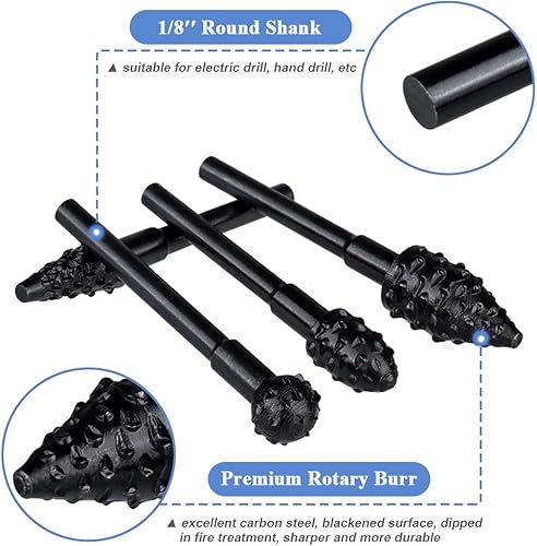 Miniatura 3 de Mesee Juego de 10 escobilla rotativa, mango redondo de 0.18 pulgadas (1/8 pulgadas), rebabas rotativas de acero al carbono, para tallar, raspa