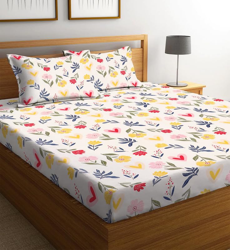 Image of la' amour Cotton 220 TC Flat Double Bed Bedsheets for Summer Breathable | Wrinklefree (Size- 228 x 230 Cm) with 2 Pillow Covers (Size-17 X 27 Inches, Floral, White and Green Pink)