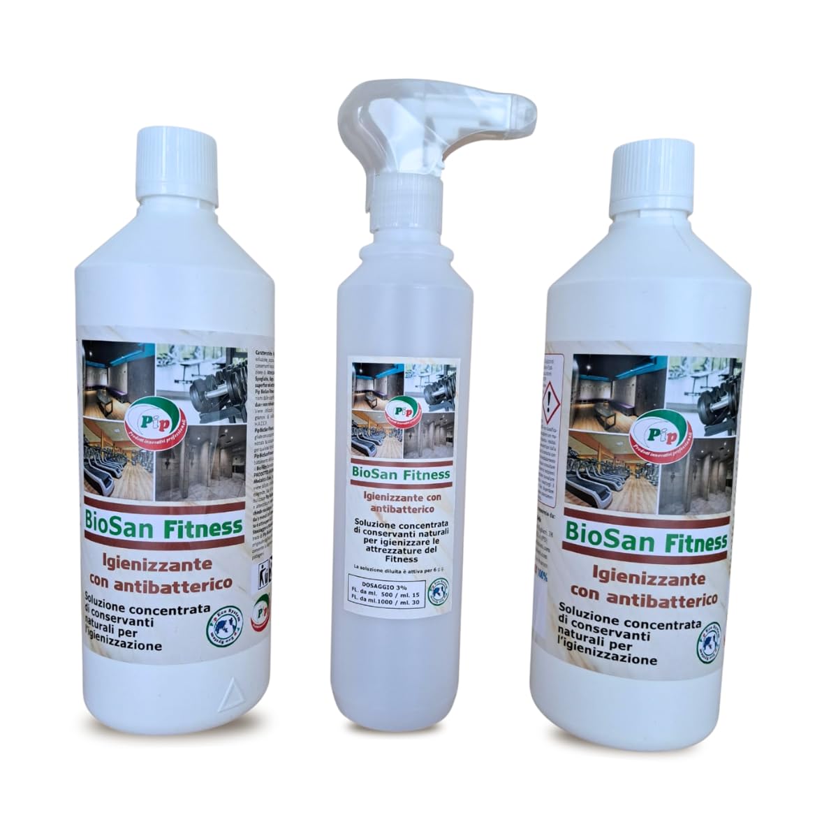 PIP Detergente Igienizzante Ecologico Concentrato per Superfici BioSan Fitness, Kit 2pz 1 LT. + Vapo, pari a 60 LT. P. Uso. Specifico Palestre ed Ambienti Sportivi, Professionale HACCP.