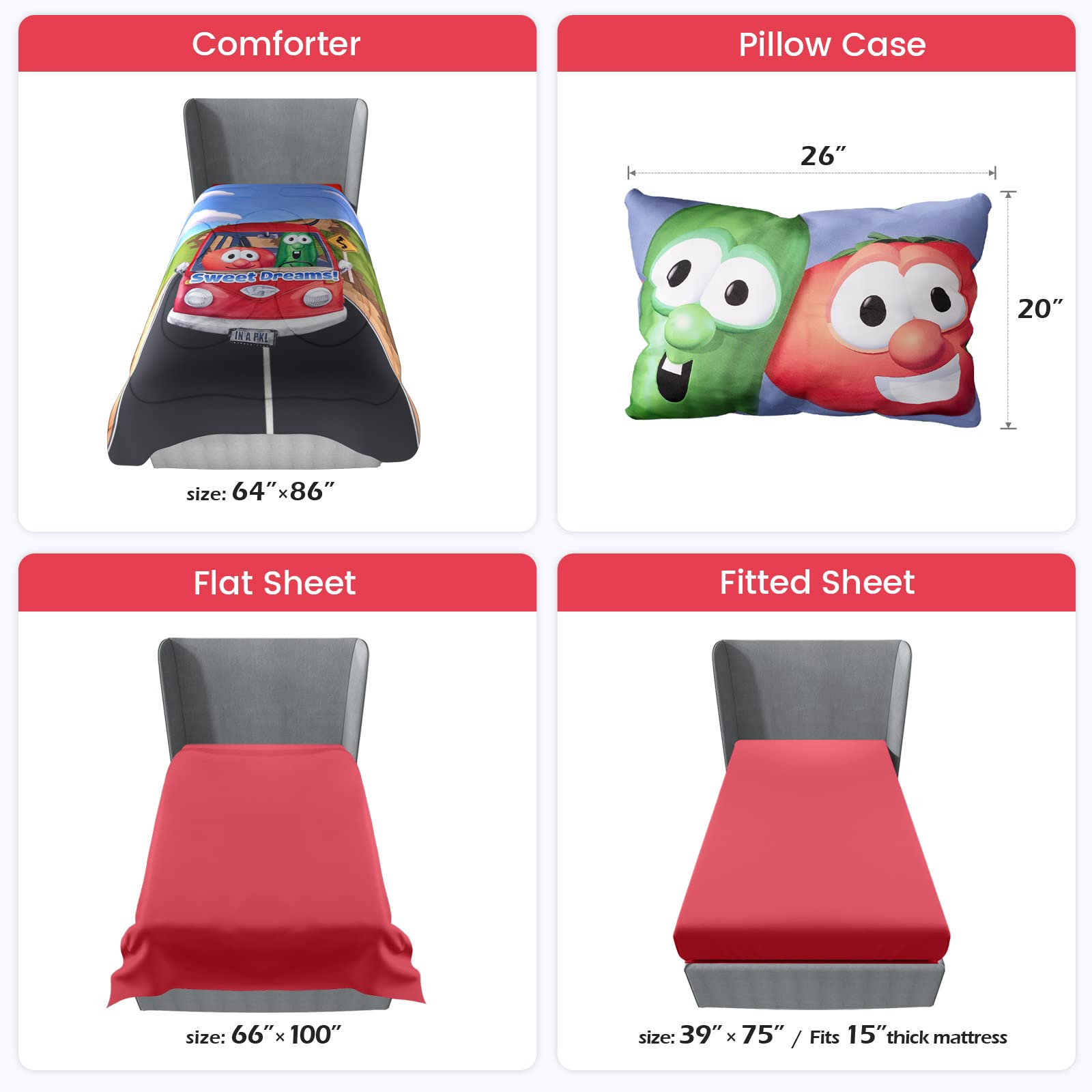 VeggieTales 4 Pc Twin Comforter Set for Girls, Cozy Twin Comforter Set for Boys, Twin Bed Set Includes Pillow Case, Comforter, Fitted Sheet, Flat Sheet, Sweetdreams
