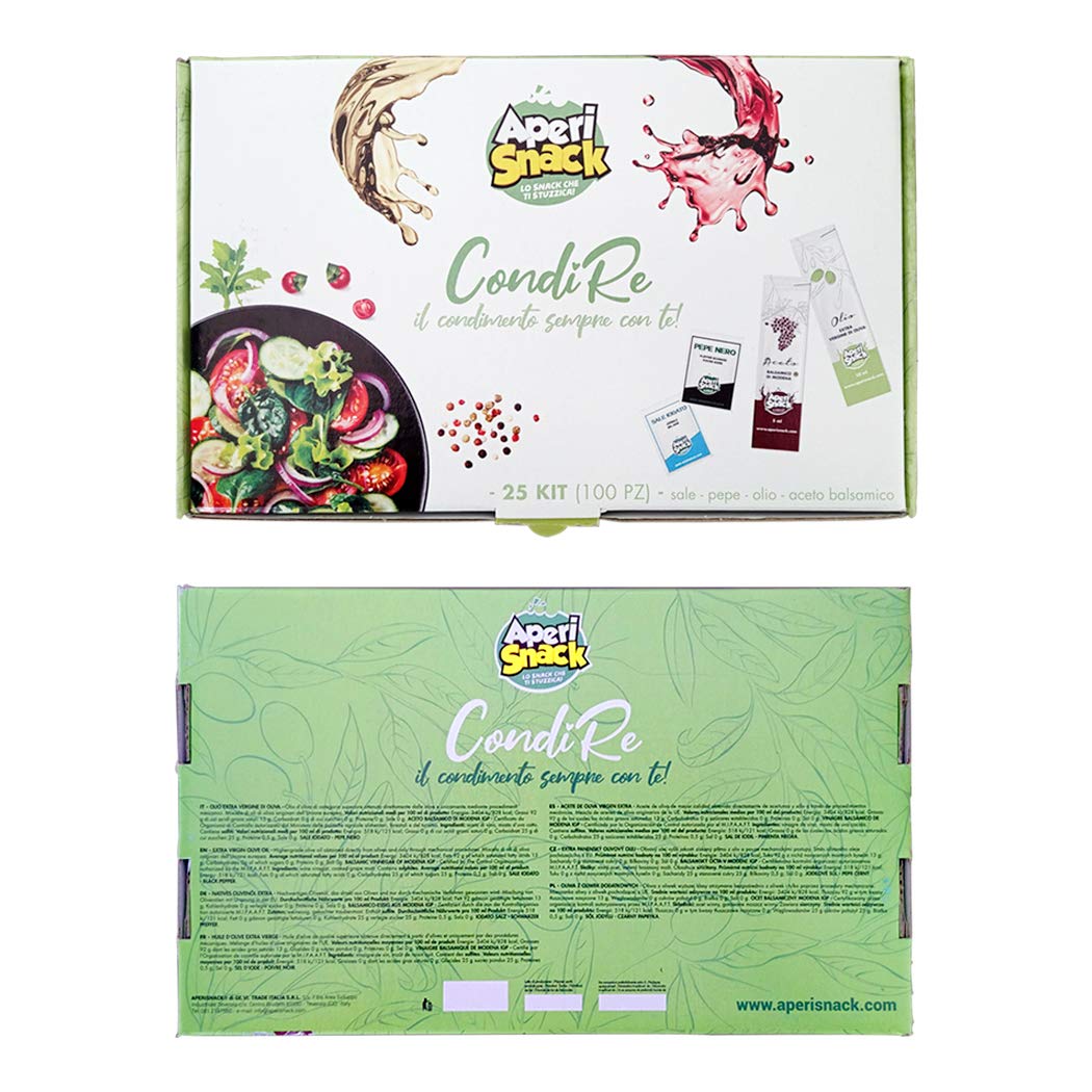 Aperisnack® - AP20.001.03 Condimento per Insalate 100 Kit (400pz) bustine di Sale, Pepe, Olio e Aceto balsamico Modena IGP Monodose