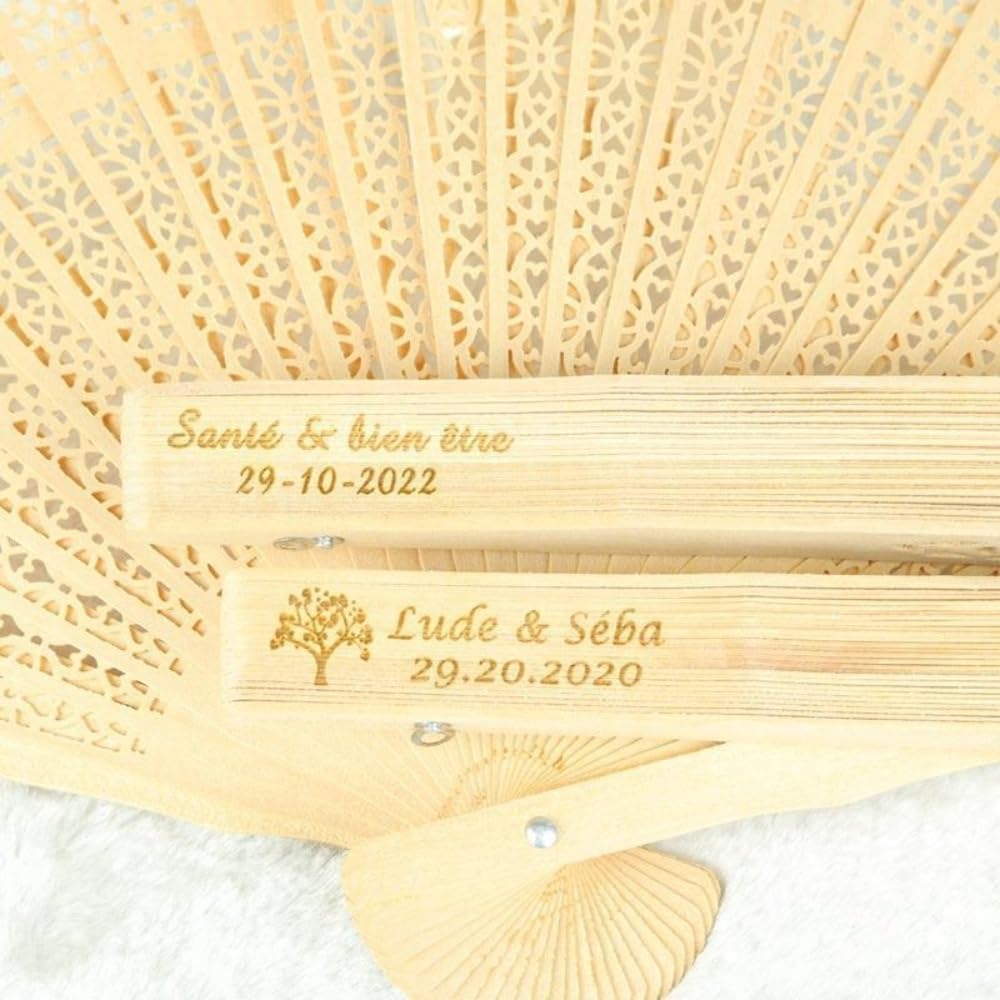 WOMB Personalised Wedding Fans for Guests Personalised Customised Wooden Fans Hand Held Folding Fans with Gift Bag Wooden Fan Party Supplies Baby Baptism Decoration (20pcs)