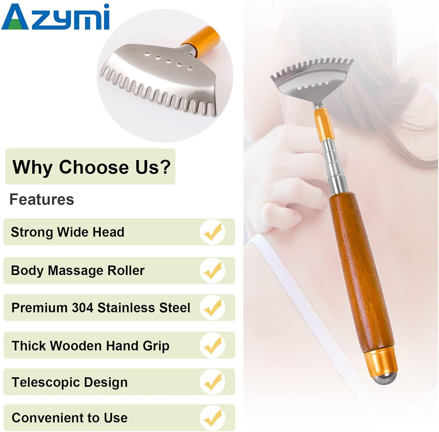 Back Scratcher, Metal Back Scratcher Telescopic Wooden Handle with Steel Roller Ball- Wide Claw, Portable Face Head Scalp Butt Scratcher Back Massager Tool - Image 3