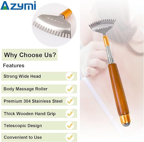 Miniatura 3 de Rascador de espalda, rascador de espalda de metal, mango telescópico de madera con bola de rodillo de acero, garra ancha, herramienta de masajeador