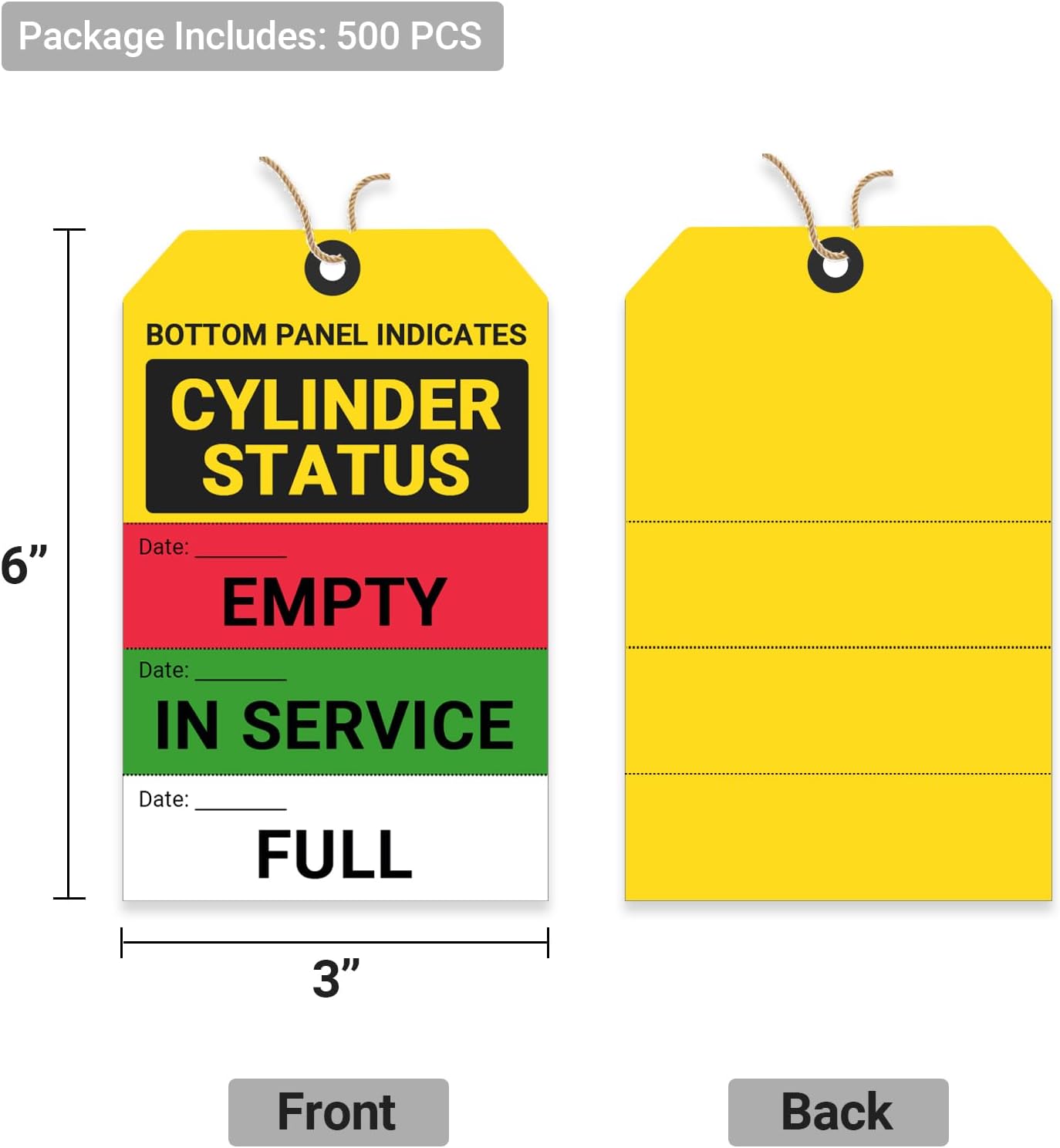 Cylinder Status Sign Tags - Empty in Service Full 3-Part Perforated Labels, with Pre-Attached Wires, 6" Lx3 W, 500 Pcs