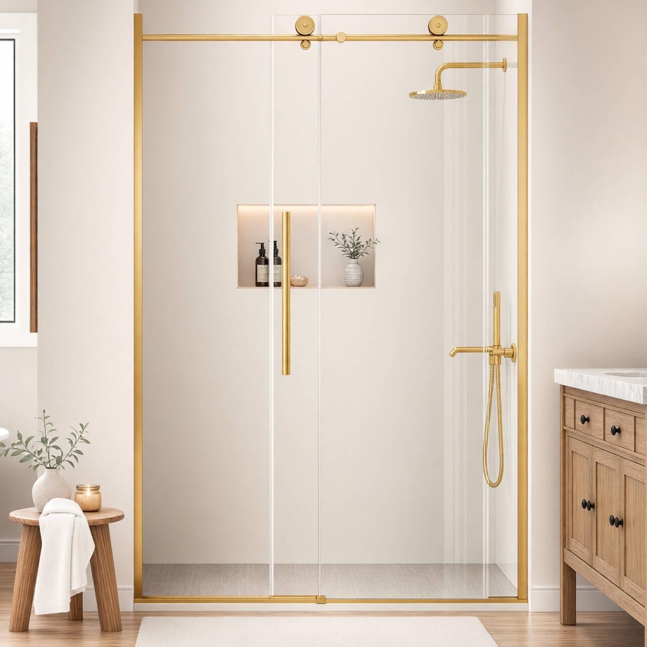 WinZo Frameless Shower Door 44-48 in W x 75 in H, Sliding Shower Door with 5/16"(8mm) Clear Tempered Glass Shower Door, Easy to Clean Bathroom, Silent Soft-Close Design, Brushed Gold