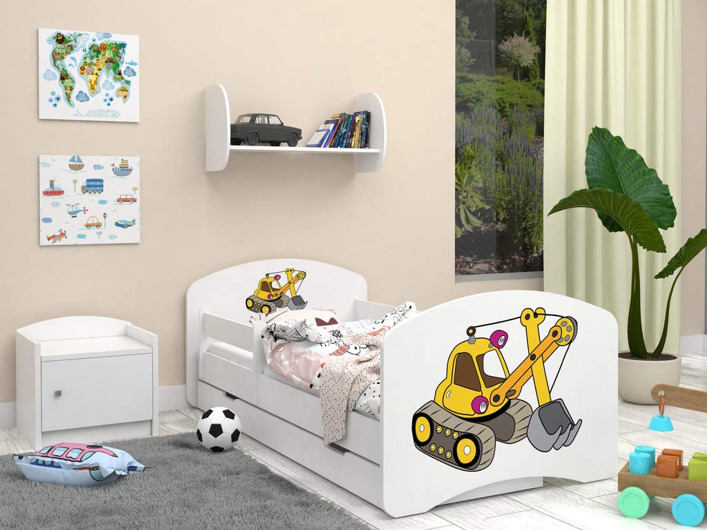 Happy Babies - Dwustronne łóżko dziecięce z szufladą Nowoczesne wzornictwo z bezpiecznymi krawędziami i zabezpieczeniem przed upadkiem materac piankowy 7 cm. (160x80, 71. żółta koparka)