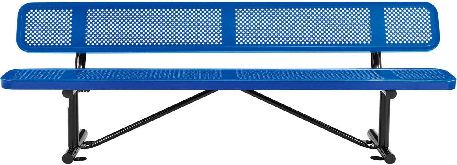 Global Industrial 8'L Heavy Duty Outdoor Steel Picnic Bench with Backrest, Perforated Metal, Portable Outdoor Bench, 1000 lbs Capacity, Blue, 96" L x 24" W x 33" H