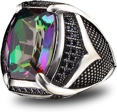 925 Sterling Silver Mens Ring with Mystic Topaz Stone, Handmade Ring for Men, Gemstone Ring,Mystic Topaz Stone Silver Ring, Gift for Him, Gift for Men