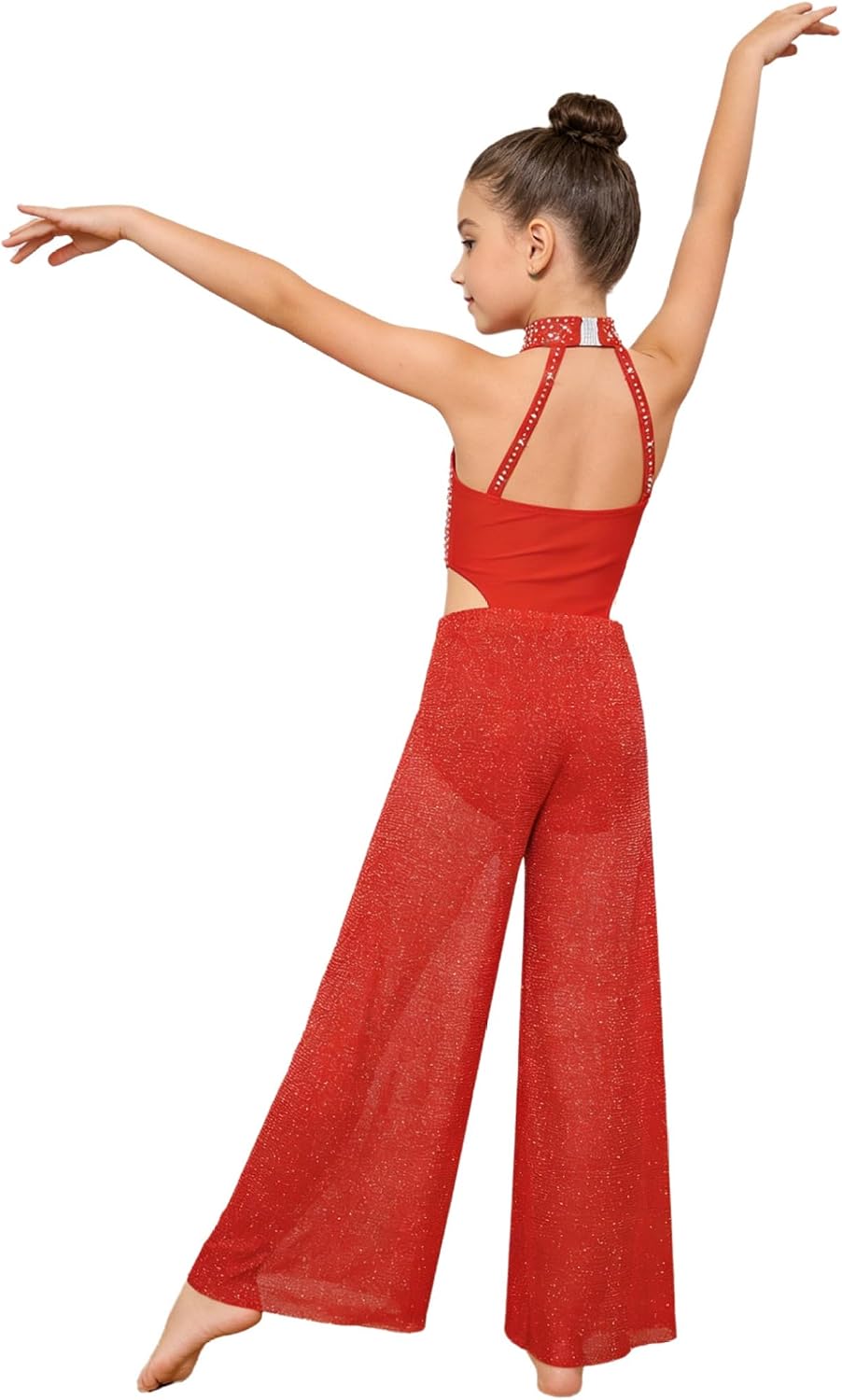 Kids Girls Lyrical Ballet Dance Leotard Dress Jumpsuit Wide Leg Pants Sleeveless Shiny Rhinestone Unitard