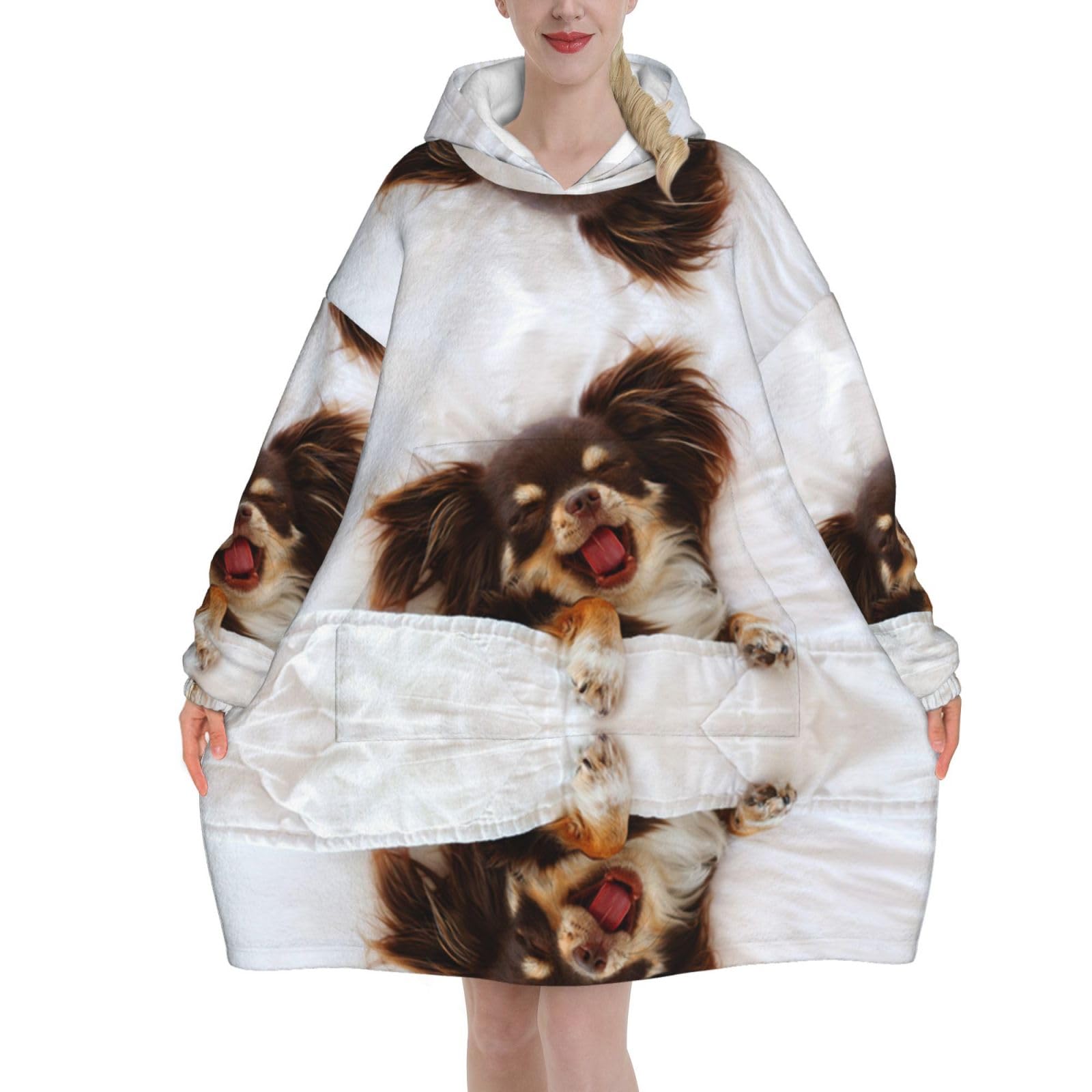 Poadnly Unisex As Picture Cute Chihuahua Dog Animal,Women's Oversized Wearable Blanket Hoodie, Blanket Sweatshirt,Flannel Pullover Blanket