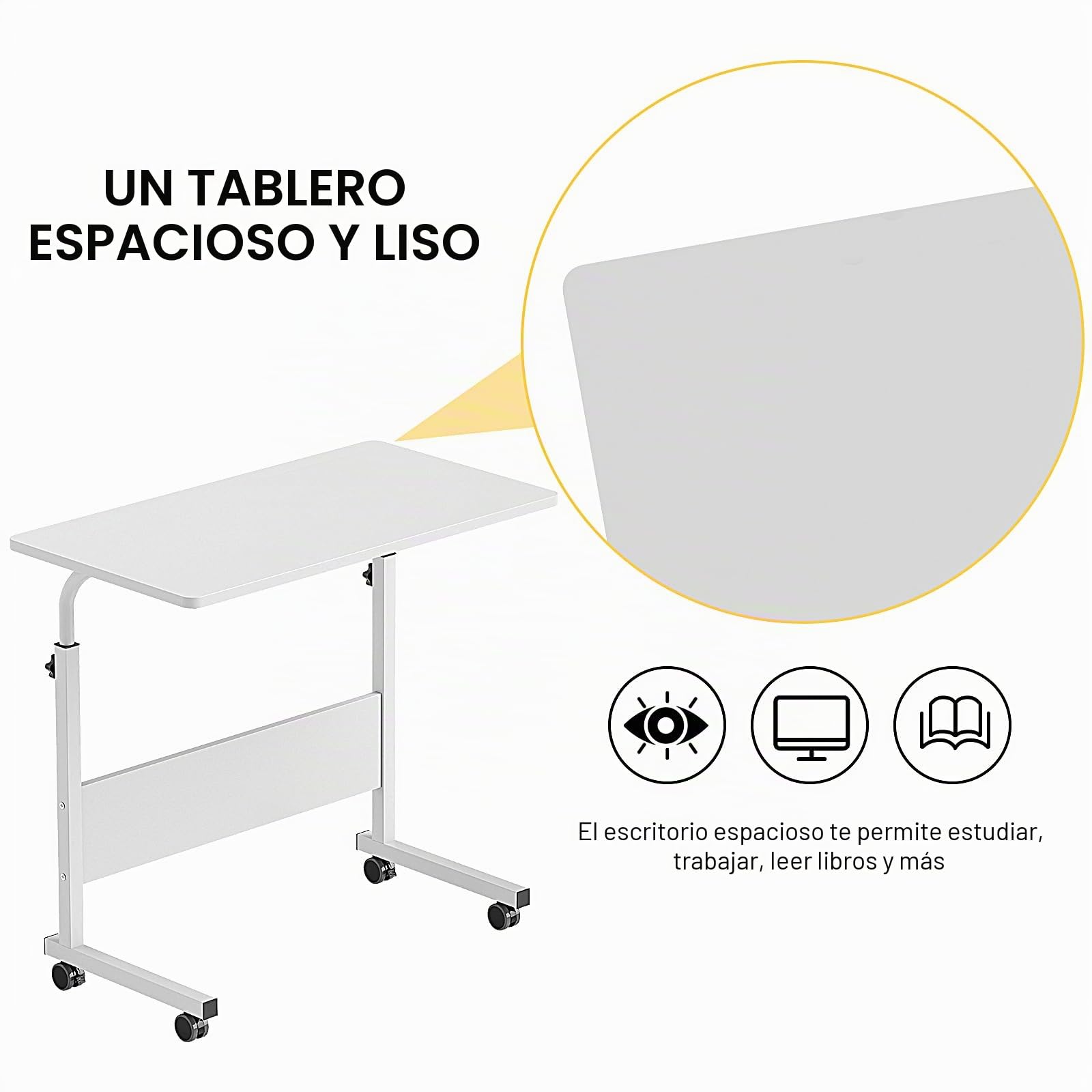 sogesfurniture - Mesa Auxiliar móvil para Cama y sofá (80 x 40 x 71 – 90 cm), Color Blanco