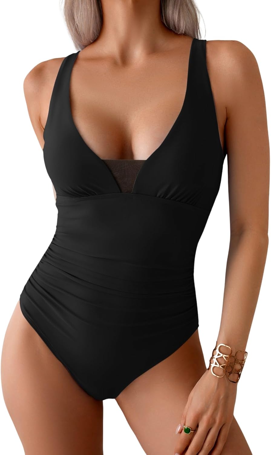 B2prity One Piece Swimsuit for Women Tummy Control Bathing Suit Mesh Deep V Neck Swim Suit Ruched Slimming Swimwear