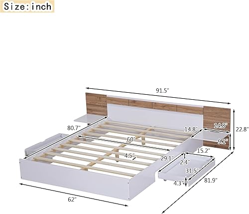 Miniatura 2 de Cama de plataforma de tamaño Queen con cabecero y cajones, marco de cama de plataforma de madera maciza con estantes, puertos USB y enchufes, marco