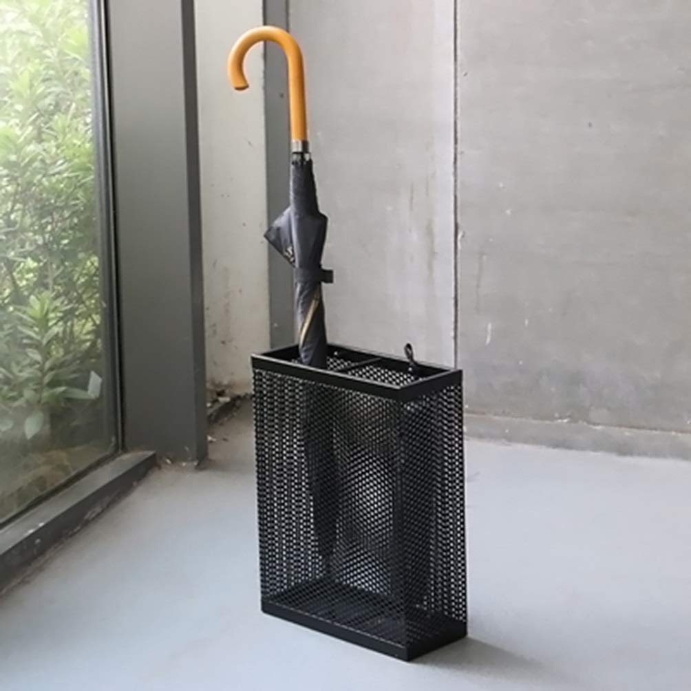 Paragüero con Soporte de Metal Hueco Negro, pequeña Cesta de Almacenamiento con Ganchos para Ahorrar Espacio en el Pasillo de Entrada, 30 x 13 x 40 cm