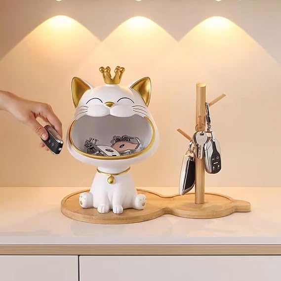 Katze Statue Glückskatze Storage Sculpture Startseite Wohnzimmer für den Eingang Lachende Katze Schlüssel Aufbewahrungsbox Deko Kleinigkeiten Storage Box (Weiß)