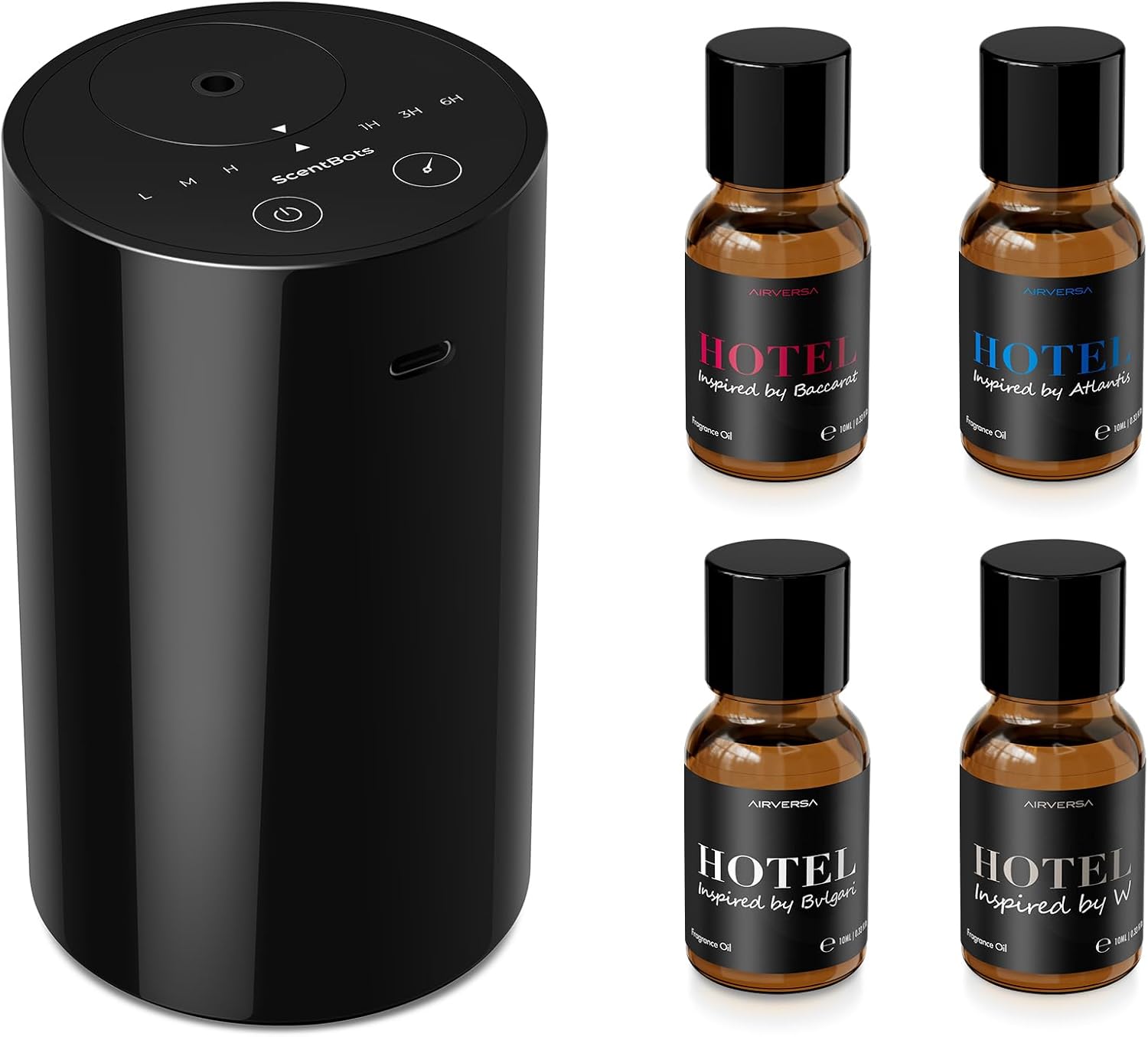 Waterless Essential Oil Diffuser Starter Kit with 4 x 10mL Hotel Scent Fragrance Oils, Battery Operated Mini Scent Air Machine Portable Diffuser for Home Car Office, ANZ Black Kit