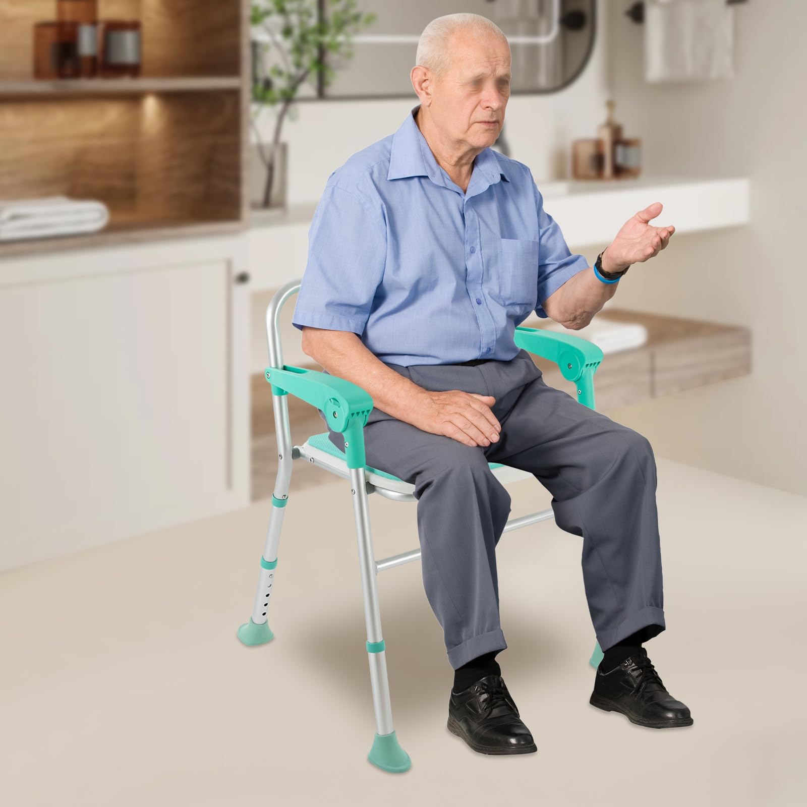 Silla de ducha con reposabrazos, asiento de ducha plegable, silla de baño plegable, silla de ducha para personas mayores, silla de ducha con reposabrazos y respaldo, pies antideslizantes, reposabrazos